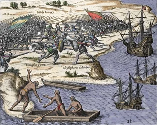Il quarto viaggio di Cristoforo Colombo in Giamaica nel 1502-1504: battaglia contro Francisco Poraz. Incisione da "Historia Americae sive Novi Orbis" di Theodor de Bry (1527-1598), Amsterdam 1594