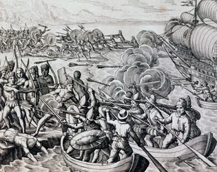 Scontro tra indiani nativi e truppe spagnole, incisione dalla Historia Americae, di Theodor de Bry, Francoforte