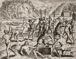 Descrizione dei crimini inflitti agli indiani dai coloni spagnoli - Conquistadores che massacrano un villaggio indiano. Amputazioni delle mani - Incisione di Theodore de Bry in 