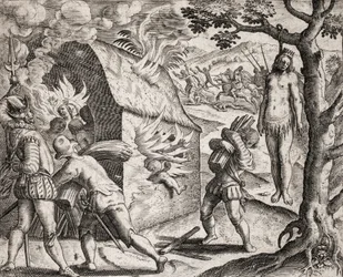 Descrizione dei crimini inflitti agli indiani dai coloni spagnoli - Incendio di un villaggio indiano da parte dei Conquistadores. Impiccagione - Incisione di Theodore de Bry in "Narratio regionum indicarum per Hispanos quosdam devastatarum verissima" di Ba