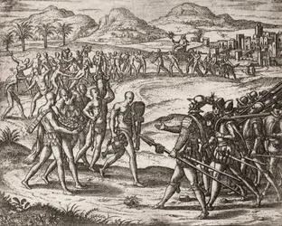 Descrizione dei crimini inflitti agli indiani dai coloni spagnoli - Indiani che portano doni e oro ai Conquistadores - Incisione di Theodore de Bry in 