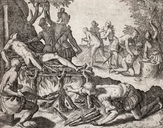 Descrizione dei crimini inflitti agli indiani dai coloni spagnoli - Scena di tortura degli indiani da parte dei conquistadores spagnoli. Tortura su una griglia, amputazione delle mani - Incisione di Theodore de Bry in 