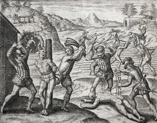 Descrizione dei crimini inflitti agli indiani dai coloni spagnoli - Spagnoli che torturano indiani - Incisione di Theodore de Bry in "Brevisima Relacion de la Destruction de las Indias" di Bartolome de las Casas (1484-1566)