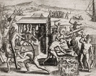 Descrizione dei crimini inflitti agli indiani dai coloni spagnoli - Conquistadores spagnoli che fanno lavorare gli indiani e li maltrattano - Indiani antropofagi - Incisione di Theodore de Bry in "Narratio regionum indicarum per Hispanos quosdam devastatar
