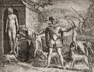 Descrizione dei crimini inflitti agli indigeni dai coloni spagnoli - Conquistadores spagnoli massacrano donne e bambini indigeni. Impiccagioni. Bambini gettati ai cani - Incisione di Théodore de Bry in «Narratio regionum Indicarum per Hispanos quosdam