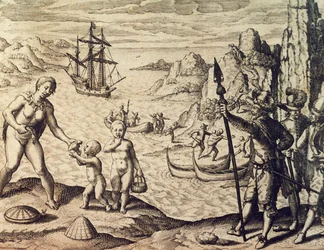 Il capitano olandese Sebalt de Weert sbarca sulla costa della Guiana, da Historia americae, di Theodor de Bry (1528-1598), Francoforte
