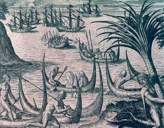 Navi olandesi nello Stretto di Magellano, incisione da Storia Americana di Theodore de Bry (1528-1598), Francoforte