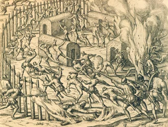 Conquistatori europei che attaccano un villaggio indiano, illustrazione da Storia americana di Theodore de Bry