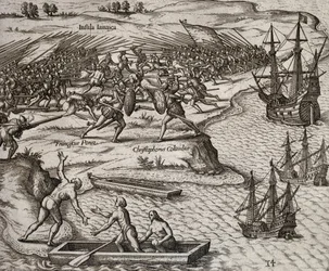 Combattimento tra Cristoforo Colombo e Francesco Poresio in Giamaica, incisione di Theodor de Bry (1528-1598)