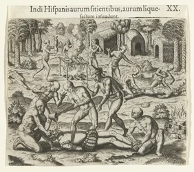 Gli indiani versano oro liquido nella bocca di uno spagnolo, 1594