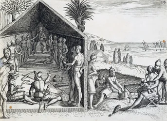 Re che riceve visitatori europei, Capo Lopez, Gabon, incisione da India orientalis di Theodor de Bry, Africa