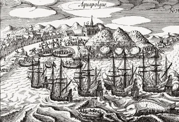 Messico, Vista di Acapulco - Messico (Aquapolque), Theodore de Bry, ca. 1630. Vista antica dell