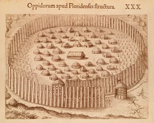 Villaggio nativo in Florida, illustrazione da Il Discorso della Florida di Theodore de Bry