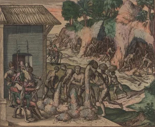 Schiavi versano oro davanti ai soldati europei. Sullo sfondo, schiavi lavorano nelle miniere, 1595