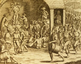 Rito religioso indigeno sudamericano, incisione da Historia americae, di Theodor de Bry (1528-1598), Francoforte