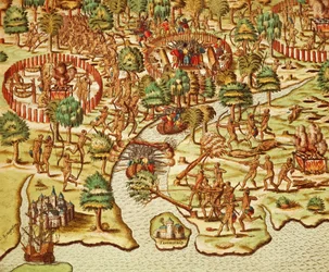 Tecniche di assedio e attacco, incisione di Theodor de Bry (1528-1598), da Americae tertia pars