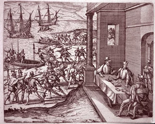 I conquistadores spagnoli Francisco Pizarro, Diego de Almagro e Hernando de Luque unirono le forze per conquistare il Perù (incisione)
