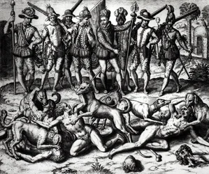 I cani di Vasco Nunez de Balboa attaccano gli indiani