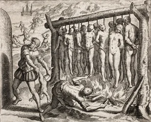 Tredici vittime impiccate e bruciate, rappresentazione dei crimini inflitti agli indiani dai coloni spagnoli da 