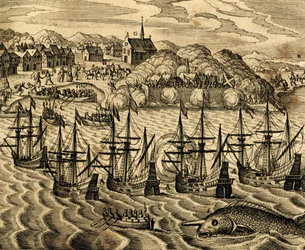 Vista del porto di Acapulco in Messico, incisione da Historia Americae, di Theodor de Bry, Francoforte