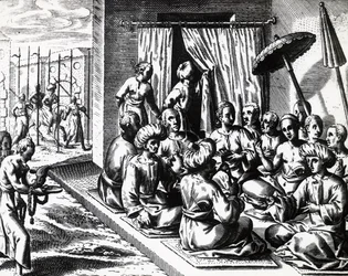 Cerimonia di matrimonio a Bantam, Isola di Giava, incisione di Theodor de Bry