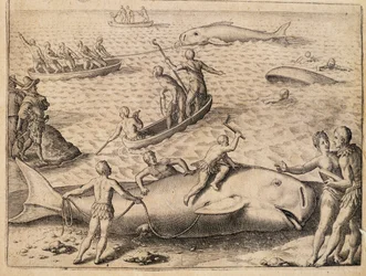 Caccia alla balena vicino a Spitsbergen, incisione di Theodor de Bry da India Orientalis