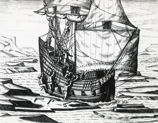 Nave di William Barents durante la terza spedizione olandese alla ricerca del Passaggio a Nord-Est, incisione di Theodor de Bry