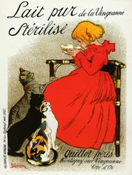 Cibo e bevande. Latte di Vingeanne. Bambina con gatti. Poster di Steinlen, Francia, c.1890
