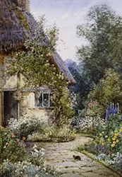 Un giardino di cottage con un gatto in primo piano; e un bordo di cottage in estate