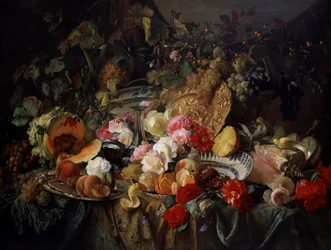 Natura morta di rose e frutta. Dipinto di Theude Gronland (1817-1876)
