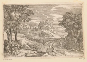 Paesaggio arcadico con una donna seduta vicino a un vaso e altre figure (Suite de Paysages)