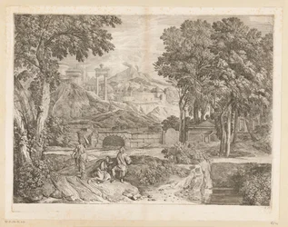 Paesaggio arcadico con due uomini e una donna che porta frutta