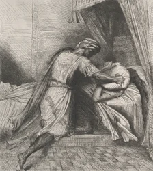 La soffoca: tavola 13 da Otello Atto 5, Scena 2, inciso 1844, ristampato 1900