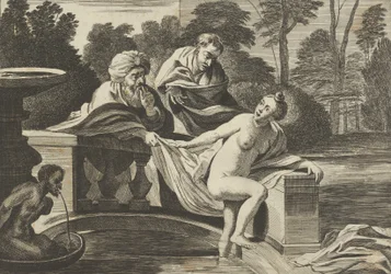 Susanna, parzialmente nuda e che esce da una fontana con due anziani a sinistra