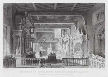Interno della Chiesa di Bottesford, Leicestershire, Monumenti ai Conti di Rutland (incisione)