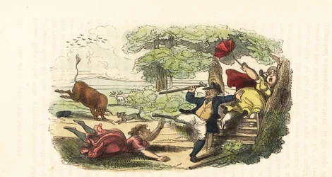 Una famiglia di botanici attaccata da un toro in carica in un campo, 1831