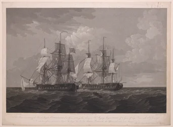 Questa lastra rappresenta la fregata francese La Proserpine di 40 cannoni che ammaina i colori alla fregata di Sua Maestà Dryad di 36 cannoni al largo di Cape Clear, il 13 giugno 1796... dedicata al Captn... Lord Amelius Beauclerk...