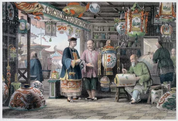 Showroom di un mercante di lanterne a Pechino, Cina, 1843