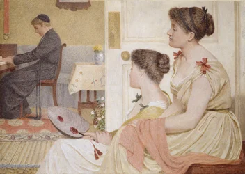 Scena in salotto con un giovane prete al pianoforte