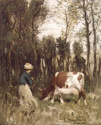 Ragazza che guida una mucca