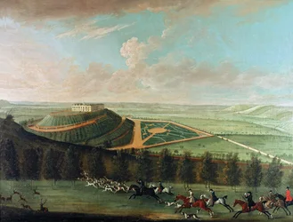 Veduta del castello di Belvoir da sud-ovest, con la caccia di Belvoir in pieno inseguimento, 1730
