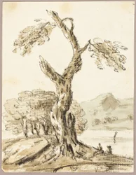 Grande albero con lago e montagne sullo sfondo