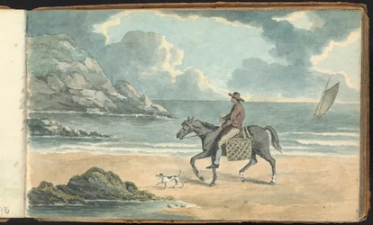 Album di studi di paesaggi e figure: uomo a cavallo sulla spiaggia