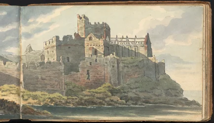 Album di Studi di Paesaggi e Figure: Rovine di un Castello su una Costa Rocciosa