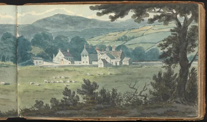 Album di studi di paesaggi e figure: Scena di paesaggio rurale con fattoria e pecore al pascolo
