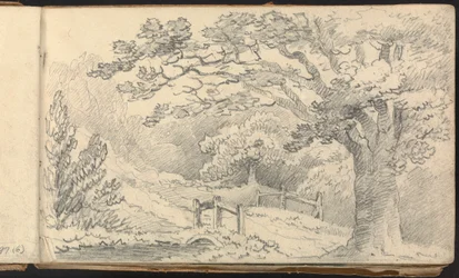 Album di studi di paesaggi e figure: Paesaggio rurale con un ponte
