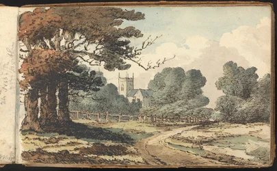 Album di studi di paesaggi e figure: Scena rurale con chiesa