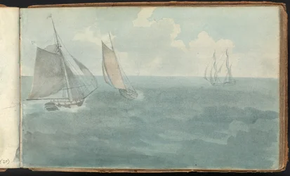 Album di studi di paesaggi e figure: Tre navi in mare