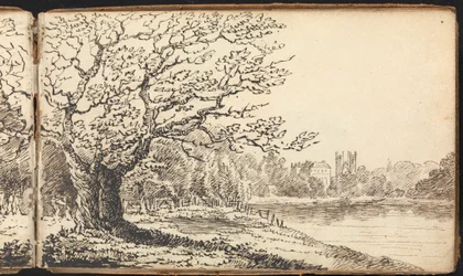Album di Studi di Paesaggi e Figure: Alberi Lungo un Fiume con Edifici in Lontananza