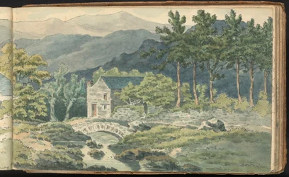 Album di studi di paesaggi e figure: Due case lungo una strada di montagna